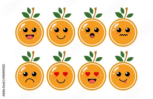 Set of cute cartoon colorful orange fruit with different emotions. Funny emotions character collection for kids. Fantasy characters. Vector illustrations, cartoon flat style