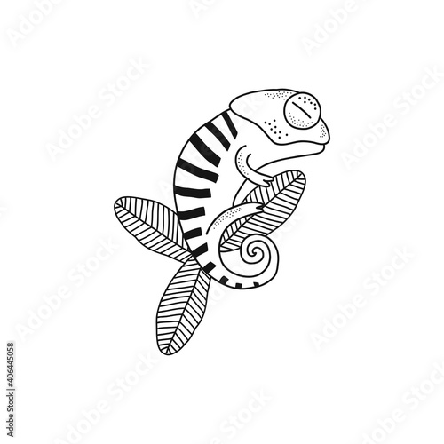 Cute stripy chameleon sleep on leaf isolated vector illustration. Jungle reptile animal black and white childish graphic drawing Perfect for one colour silk screen printing t-shirt design