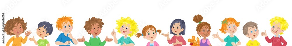 A group of children of different nationalities are talking. Different emotions, relationships and moods. Banner in cartoon style. Isolated on white background. Vector flat illustration. A group of children of different nationalities are talking. Different emotions, relationships and moods. Banner in cartoon style. Isolated on white background. Vector flat illustration.