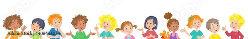 A group of children of different nationalities are talking. Different emotions, relationships and moods. Banner in cartoon style. Isolated on white background. Vector flat illustration.