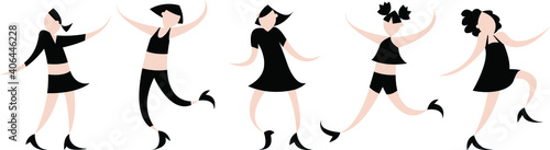 Vector graphics-isolated figures of five dancing girls in different poses on a white background. The concept of an active lifestyle