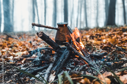 Making coffee at the stake. Make coffee or tea on the fire of nature. Burned fire. A place for fire.