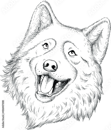 The Vector logo dog  or wolf for tattoo or T-shirt design or outwear.  Cute print style dog  or wolf  background. This hand drawing would be nice to make on the black fabric or canvas.