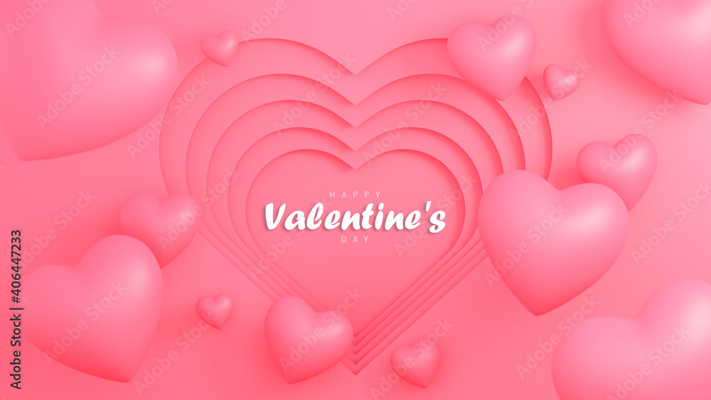 Happy valentine's day wallpaper in paper style with many hearts 3d objects on pink background.,3d model and illustration.