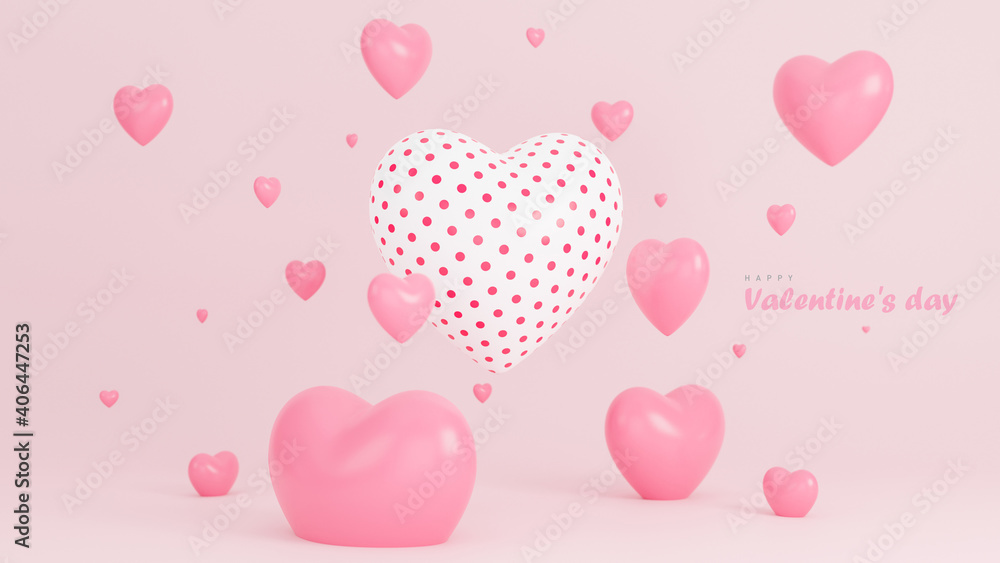 Happy valentine day banner with many hearts 3d objects on pink background.,3d model and illustration.