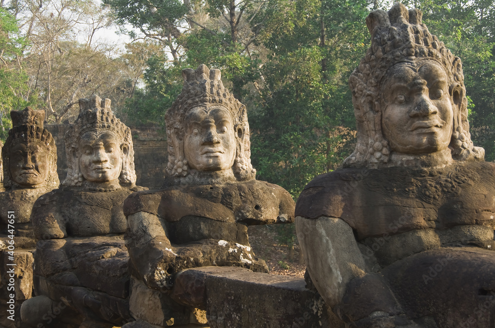 Row of demons flanking the causeway leading to the South entrance, Angkor Thom, Siem Reap, Cambodia,  Asia