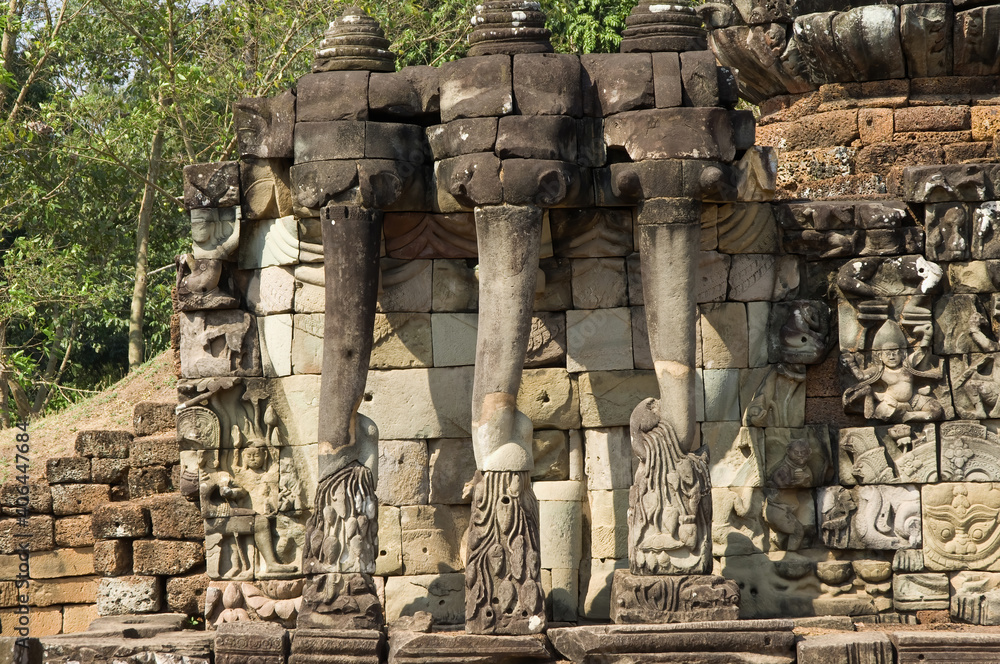 Fototapeta premium Three-headed elephant gathering lotus flowers with their trunks, Terrace of the Elephants, Angkor Thom, Siem Reap, Cambodia, Asia