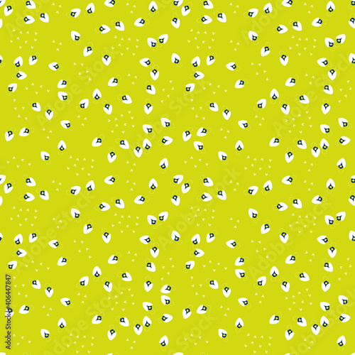 Simple minimalist floral seamless pattern. Abstract vector background with small scattered flowers, tiny hearts, hand drawn elements. Modern minimal texture in lime green color. Fresh spring design