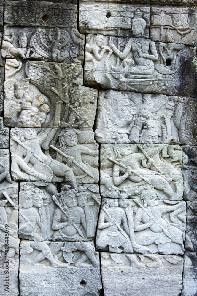 Bas relief in the West gallery, Bayon Temple, Angkor Thom, Siem Reap, Cambodia,  Asia