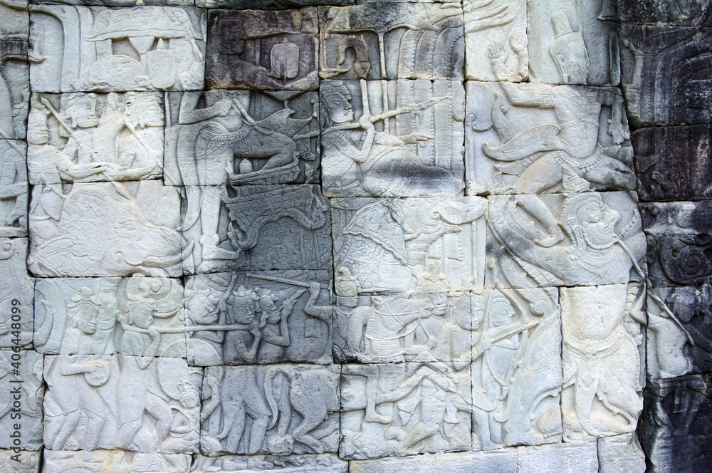 Bas relief in the West gallery, Bayon Temple, Angkor Thom, Siem Reap, Cambodia,  Asia