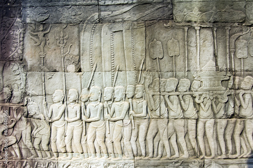Bas relief in the East gallery, Bayon Temple, Angkor Thom, Siem Reap, Cambodia, Asia