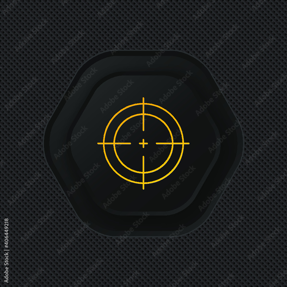 Aiming icon symbol. Black hexagonal button on dark background Aiming icon symbol. Black hexagonal button on dark background