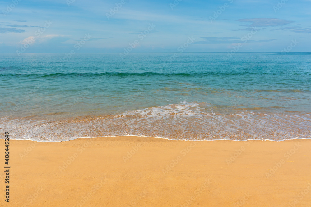 View of blue sky, blue sea, small wave and yellow sand that is signature of beautiful seascape scene at Phuket Province, Thailand in the morning of holiday. View of blue sky, blue sea, small wave and yellow sand that is signature of beautiful seascape scene at Phuket Province, Thailand in the morning of holiday.