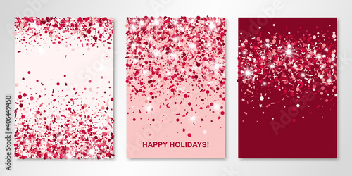 Set of three banners with red glitter confetti. Vector flyer design templates for wedding, invitation cards, save the date, business brochure design, certificates. All layered and isolated