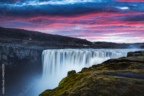 Colorful sunrise on Dettifoss - most powerful waterfall in Europe. Jokulsargljufur National Park, Iceland. Landscape photography photo