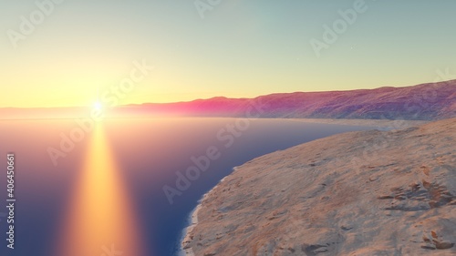 realistic surface of an alien planet, view from the surface of an exo-planet, canyons on an alien planet, stone planet, desert planet 3d render photo