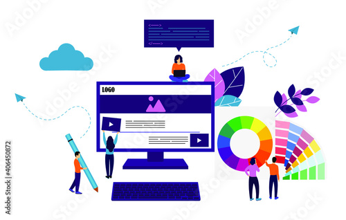 Web page design and site development. Small people are working on creating a website. Flat design