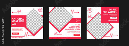 Social media post template for national wear red day. National awareness campaign for women about heart disease.