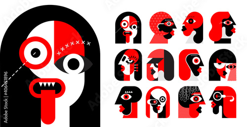 Red and black colors isolated on a white background Twelve Portraits of Different People vector illustration. Set of flat design vector avatars.