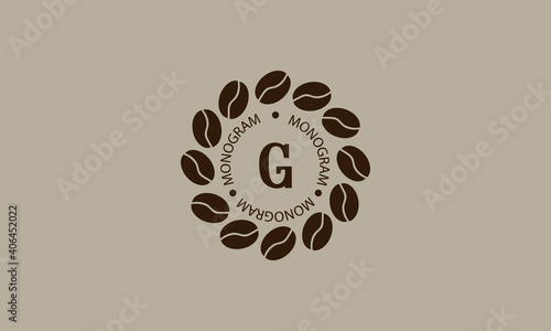 Coffee shop, vector logo on a light brown background. Creative vector sign, illustration of emblem with letter G. Minimalistic monogram on coffee background.