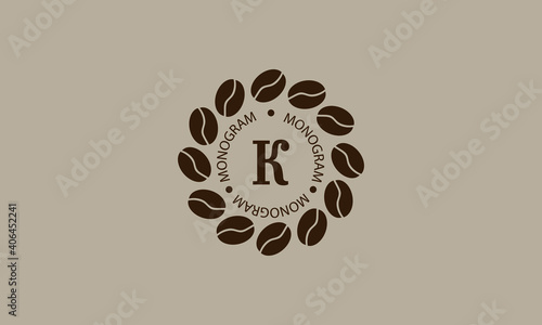 Coffee shop, vector logo on a light brown background. Creative vector sign, illustration of emblem with letter K. Minimalistic monogram on coffee background.