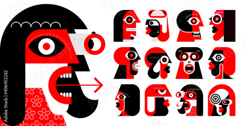 Red and black colors isolated on a white background Twelve Portraits of Different People vector illustration. Set of flat design vector avatars.