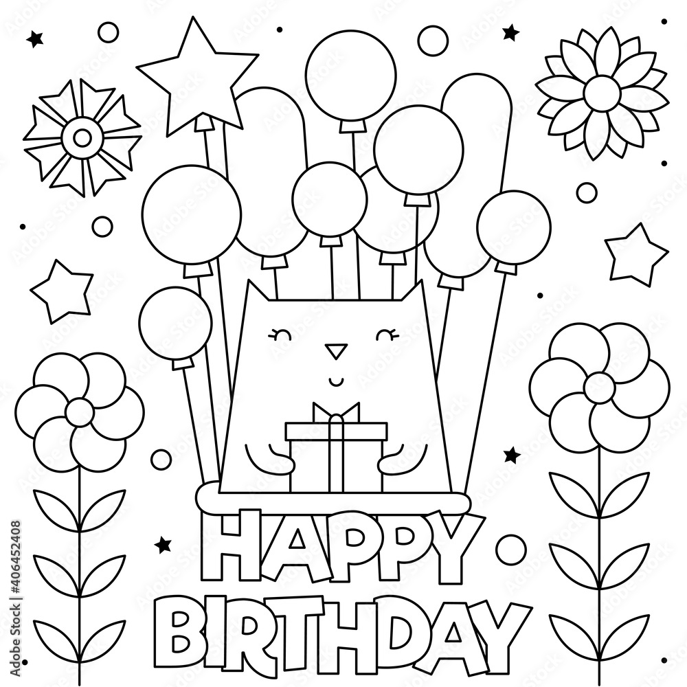 Happy Birthday. Coloring page. Vector illustration of a cat. Stock