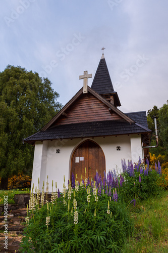 Virgen del Lago chapel during spring season at Los Alerces National Park during winter season in Esquel, Patagonia, Argentina