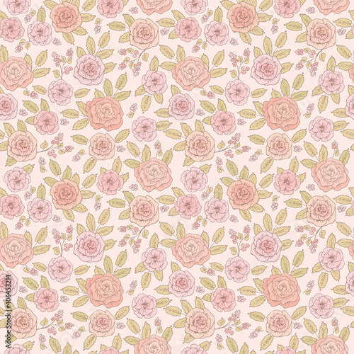 Vintage seamless pattern with spring roses and leaves. Floral background for textile, fabric manufacturing, wallpaper, covers, surface, print, gift wrap, scrapbooking. Vector.