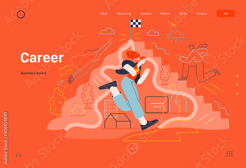 Business topics - career, web template, header. Flat style modern outlined vector concept illustration. People climbing the mountain. Climbing up the career ladder process. Business metaphor.