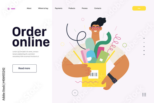 Discounts, sale, promotion - online shopping web template - modern flat vector concept illustration of a young man holding a box full of goods. Delivery and online orders concept. Order online caption