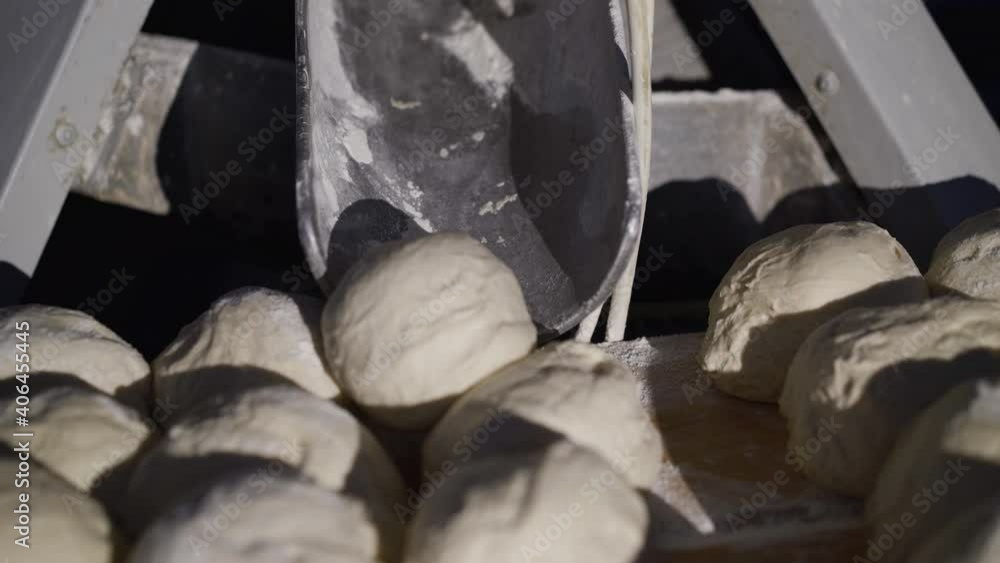 Pastry line production at bakery. Shaped raw dough on manufacturing equipment Pastry line production at bakery. Shaped raw dough on manufacturing equipment
