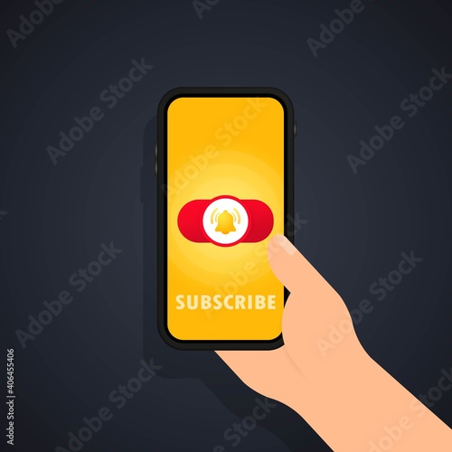 Subscribe button template with the notification bell on smartphone screen in hand. Subscribe red button sign in social media. Vector on isolated white background. EPS 10