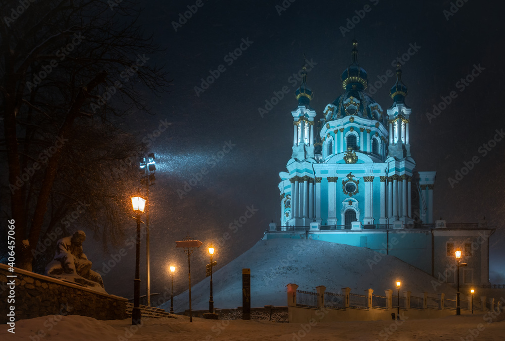 St. Andrew cathedral at the snow storm, Kyiv, Ukraine St. Andrew cathedral at the snow storm, Kyiv, Ukraine