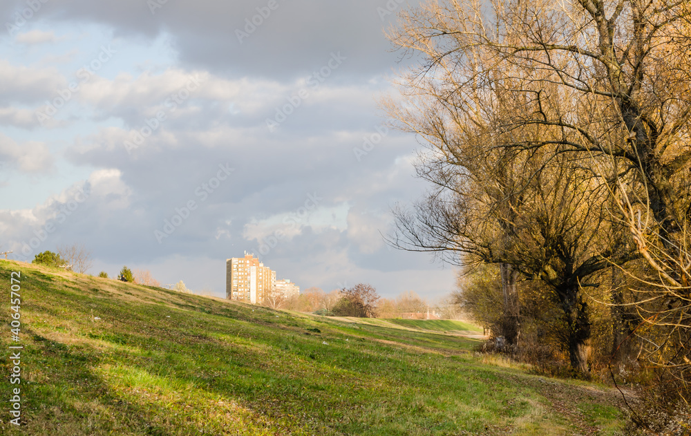 Fototapeta premium Access to the tributary of the Danube near the city of Novi Sad, Serbia 