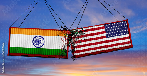 Trade war. Two freight containers with United States and india flag crashing into eachother. 3D Rendering