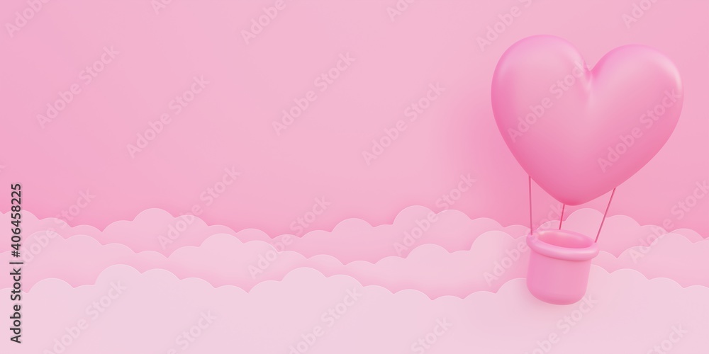 Valentine's day, love concept background, pink 3d heart shaped hot air balloon flying in sky with paper cloud, copy space
