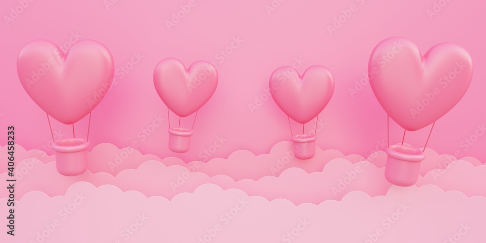Valentine's day, love concept background, pink 3d heart shaped hot air balloons flying in sky with paper cloud