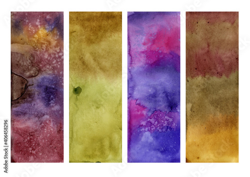 Set of watercolor texture illustrations. Isolated over white background. Purple, brown, marsh. Grunge.