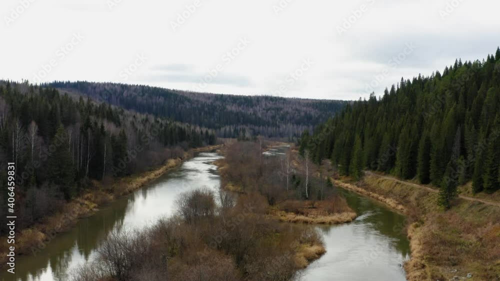 Aerial view of the river with trees and grass in autumn Aerial view of the river with trees and grass in autumn