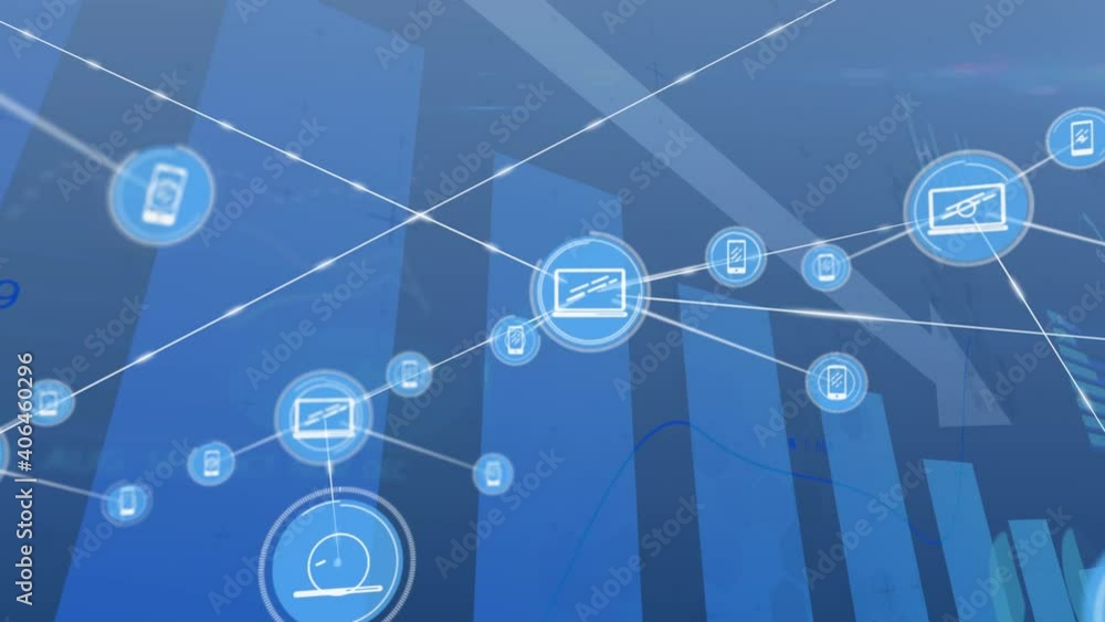 Animation of financial data processing with descending arrow over network of connections Animation of financial data processing with descending arrow over network of connections