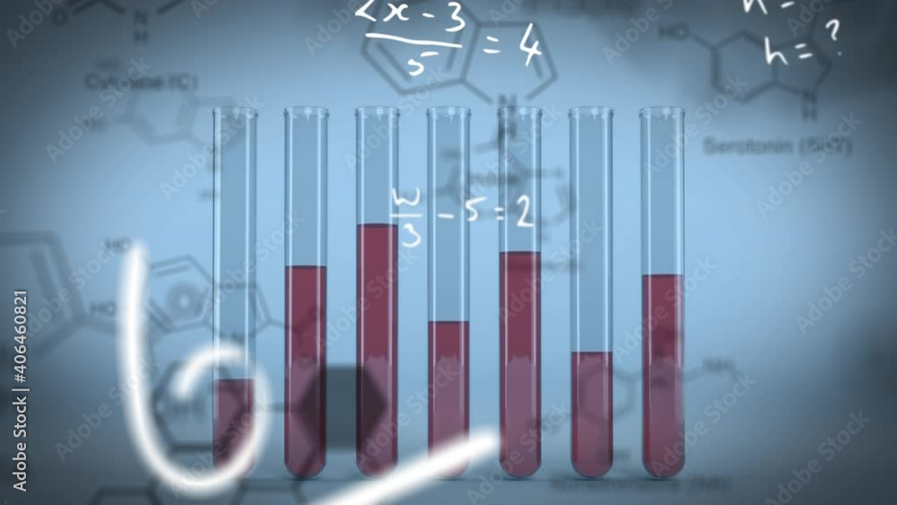 Animation of chemical compound structures against laboratory test tubes with red liquid Animation of chemical compound structures against laboratory test tubes with red liquid