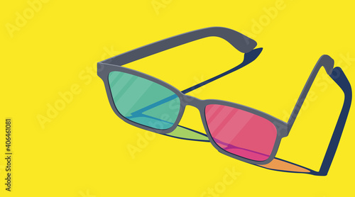 3D realistic eyeglasses with red and blue lenses. Vector isometric illustration for home film movie and cinema on a yellow background.