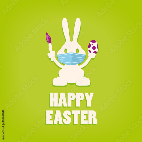 Grafik Happy Easter mit niedlichem Osterhasen mit Mundschutz und Ei