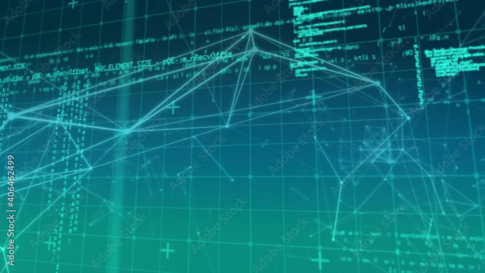 Animation of network of connections with floating geometric figures over grid Animation of network of connections with floating geometric figures over grid
