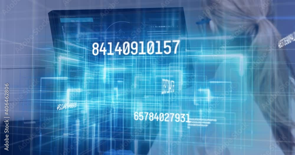 Animation of numbers changing data processing against woman using computer Animation of numbers changing data processing against woman using computer