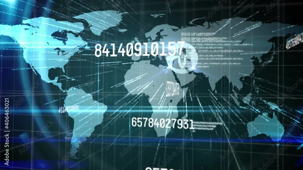 Animation of numbers changing data processing over world map Animation of numbers changing data processing over world map