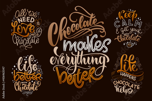 Chocolate hand lettering quotes set. Warm Christmas winter word composition. Vector design elements for t-shirts, posters, cards, stickers and menu