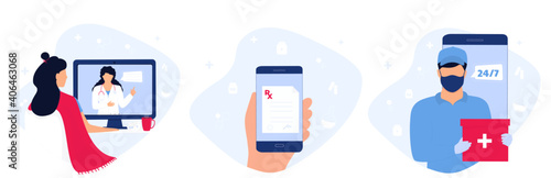 Woman consults with doctor online using laptop. Hands is holding smartphone with prescription for medicines. Telemedicine concept. Delivery man is holding a parcel of medicaments