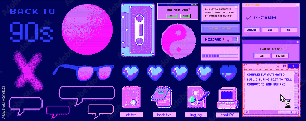 8-bit art message with pixel hearts. Vaporwave trendy retro user interface like in old operating systems.